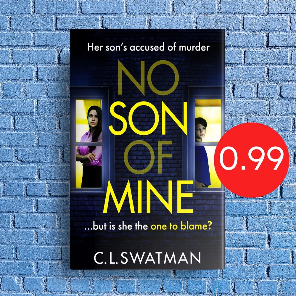 A black book with yellow lettering spelling No Son of Mine, against a brick wall painted blue, and a red circle with 0.99 