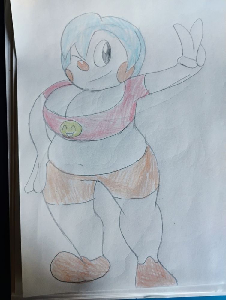 A tubby clown girl is winking and showing a peace sign.