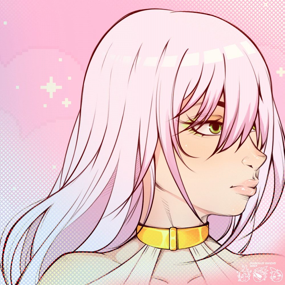 An animated headshot of a woman with lavender hair wearing a gold collar. She looks off to the side as the wind blows through her hair, then she turns to the viewer with a wink and a smile.