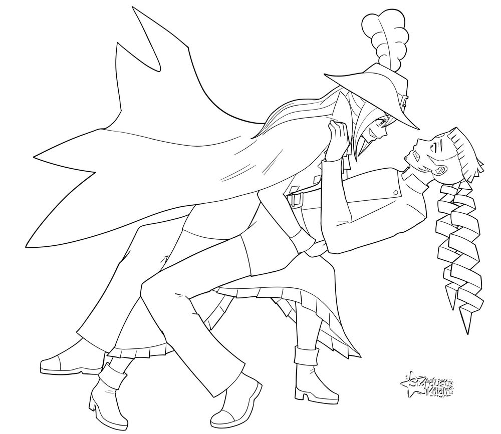 A black and white drawing of a woman in a cape and musketeer hat dipping a man with corkscrew ponytails and wearing a double-breasted uniform. He is taller than her and looks terrified, but she is smiling manically.