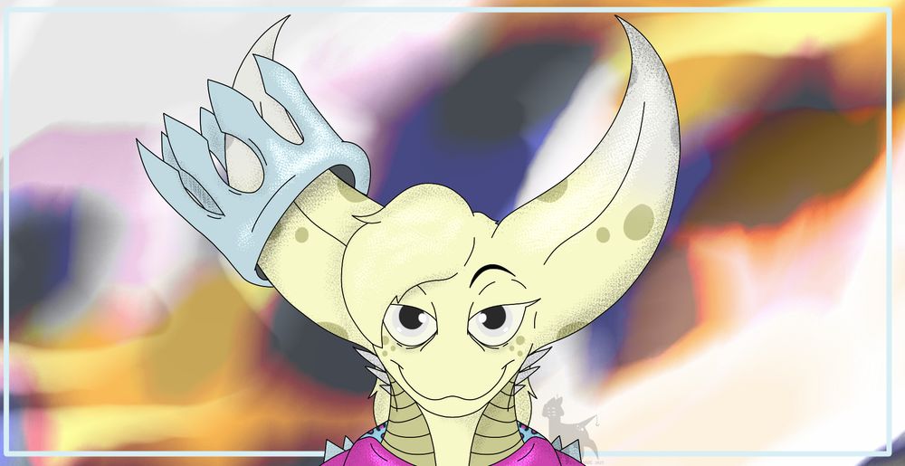 A symmetrical image of a being with a crescent moon for a head, with the crescent acting as the "horns" on either side. They have a hairstyle that's longer in the back with a tuft of hair in the front, and eyes with very pale gray scleras. They have a relaxed, laid back expression. On the left horn is a gray-blue crown. They're mostly a pale yellow save for the pale white tips of their horns, pale gray spines on the neck, and a darker yellow exoskeletal/gill structure on the sides of the neck. They also have darker splotches scattered about mimicking moon craters. They seem to be wearing a pleather jacket, with a pink and blue collar with leopard print, and spikes on the shoulders. The background is random blurred, warm pastels.