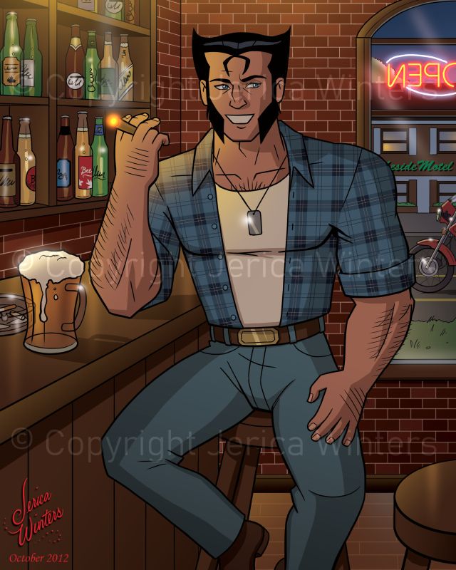 This is an illustration of Logan (Wolverine) in a bar, having a beer.