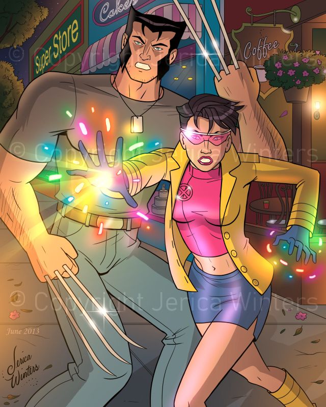 This is an illustration of Wolverine and Jubilee fighting bad guys.