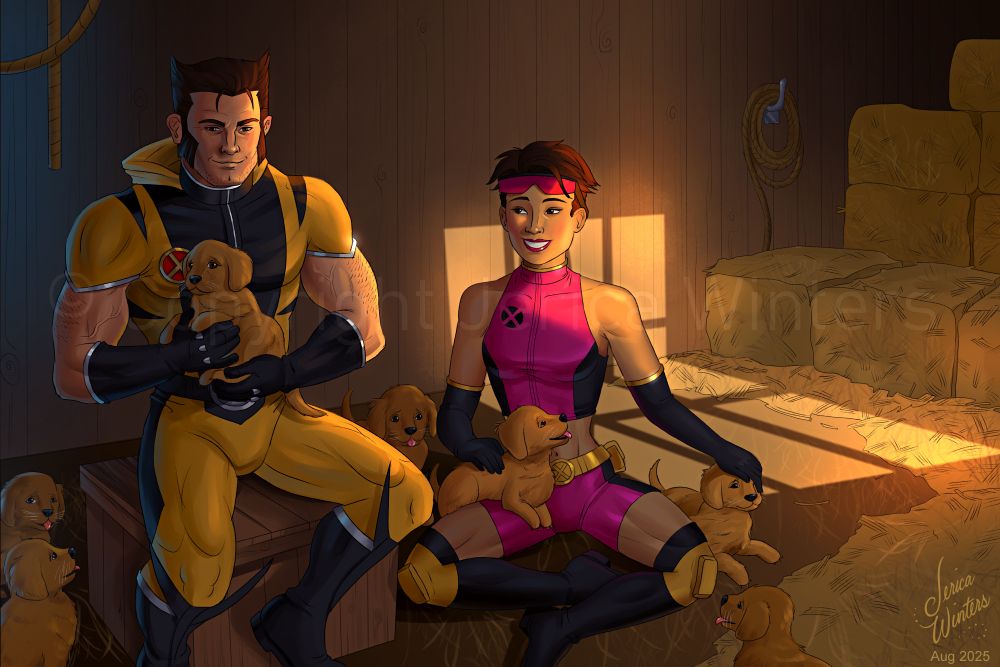 This is an illustration of Wolverine and Jubilee, surrounded by puppies. They're in a barn. The lighting is warm.