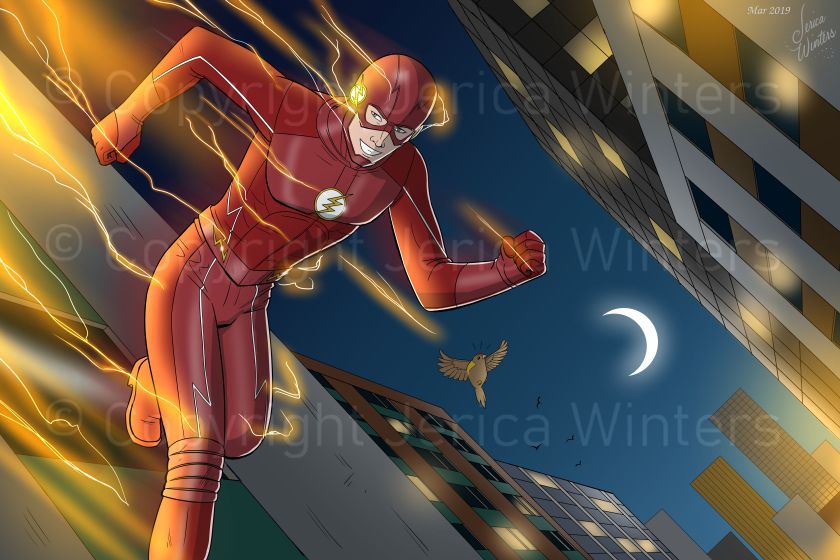 This is an illustration of The Flash running down the side of the building. It's night, and buildings are in the background. His trademark yellow lightening casts a warm light on him. There's a crescent moon in the background.