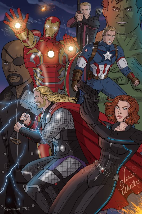 This is an animation-style illustration of the Avengers, a Marvel Comics superhero team. It includes Black Widow, Thor, Nick Fury, Captain America, Hulk, Iron Man and Hawkeye.