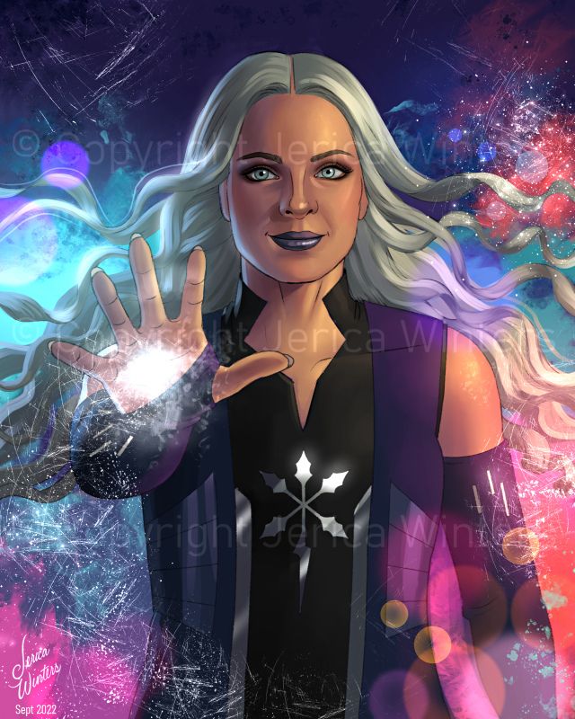 This is an illustration of Frost from The Flash TV show. She's casting her icy power (it appears as a glowing white light from her hand). The background is pink and purple. 