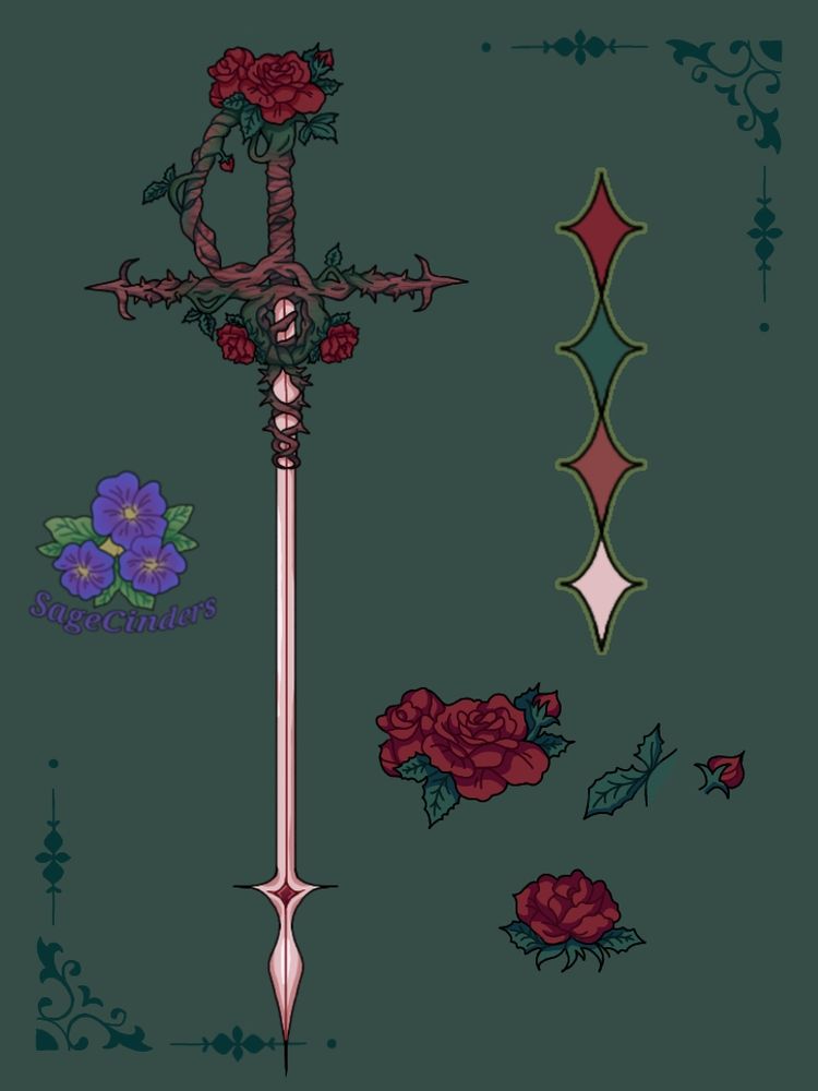 A beautiful rose/forest sword inspired adopt. The color palette is red, green, brown and a tone of white. The hilt is composed of a group of big lovely roses as the pommel, twisty branches with thorns and roses symmetrically entangled around the blade. The blade is long and thin with a sharp, star shaped tip with a red gem.