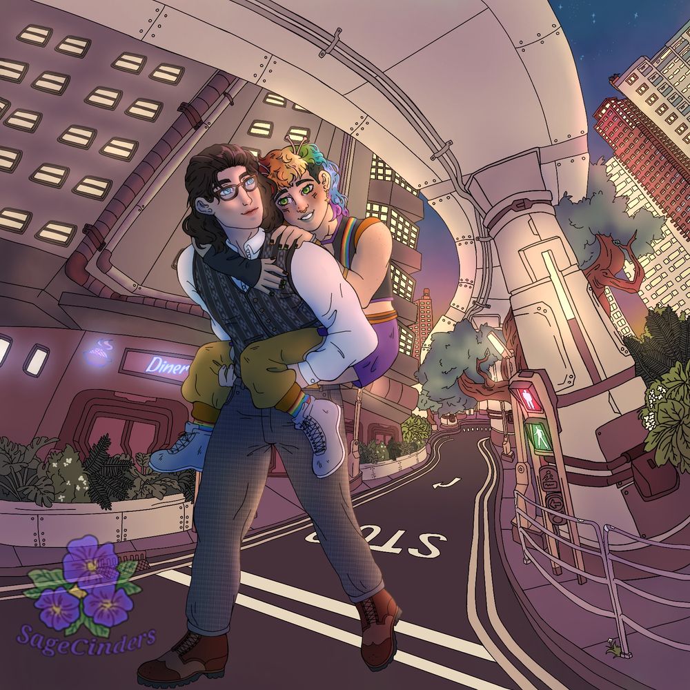 An illustration with a futuristic environment (biopunk),showing a couple walking down the street. They seem to be sharing a tender moment and look at each other sweetly. The taller man is carrying his partner piggyback style; wears glasses and a more formal but stylish outfit. 
His partner is wearing a fun colorful outfit, his hairstyle is a medium length mullet with rainbow colors, small antennas poking out. Seems to be talking while resting the head on his back
The scene is bathed in a dusk light with blue,purple shadows and violet, yellow and pink lights.