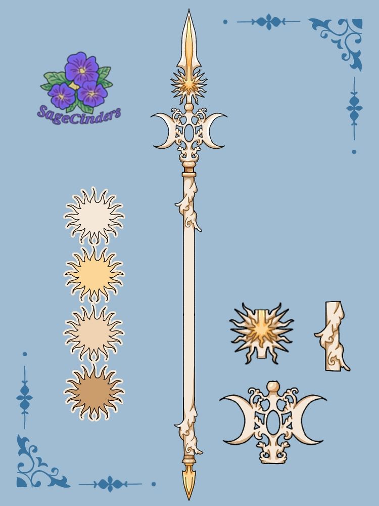 A graceful sun/ moon inspired spear with art noveau-like decorations.