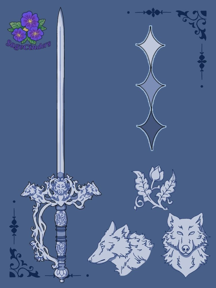 A graceful wolf/moonlight inspired sword adopt. The color palette is mainly silver/white with a pale blue tones. The hilt is composed of an art noveau style pommel and grip with flowers+ vines and wolf shaped decorations. The blade is straight and thin.