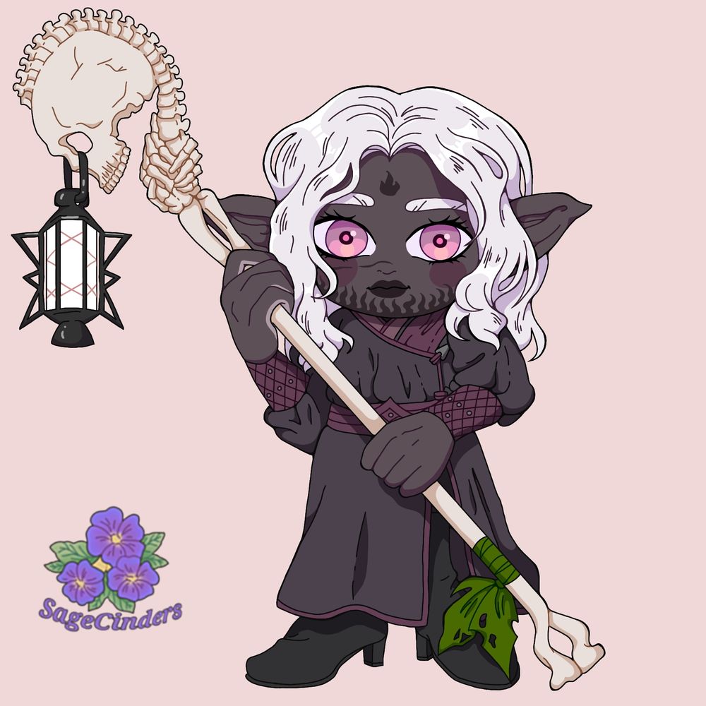 A drow elf man in cartoon form. He has pink eyes, his wavy silver/white hair reaches his shoulders. He has a scar across his face and flame like markings on his forehead,jaw and neck. His outfit is composed of a robe with a dark palette and black boots.
He is holding a skelleton/bone staff; at the top of it a lantern hangs from the skull's eye holes, a green tattered cloth is wrapped around the bottom.