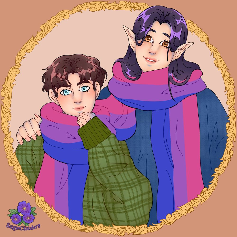 Two men smiling content together. They're sharing a long scarf with the bisexual flag colors. Both are also wearing big cozy sweaters; the shorter man's green and the taller man, who has his arm around the other, is wearing a blue one. An art noveau-like frame decorates the background. 
