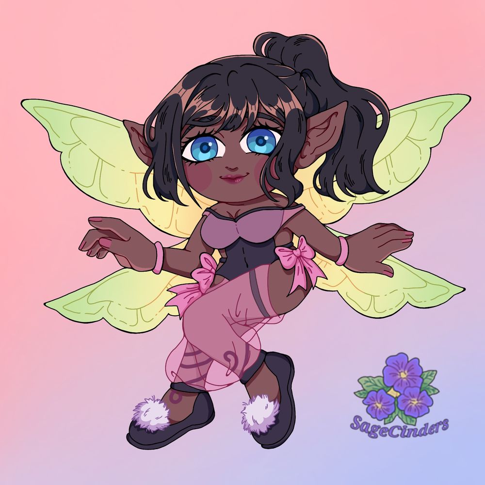 An adorable cartoon of a fairy with brown skin, black hair, and blue eyes. She's wearing a pink and black outfit with bows; her wings are green and yellow.
She's smiling sweetly with a friendly expression. 