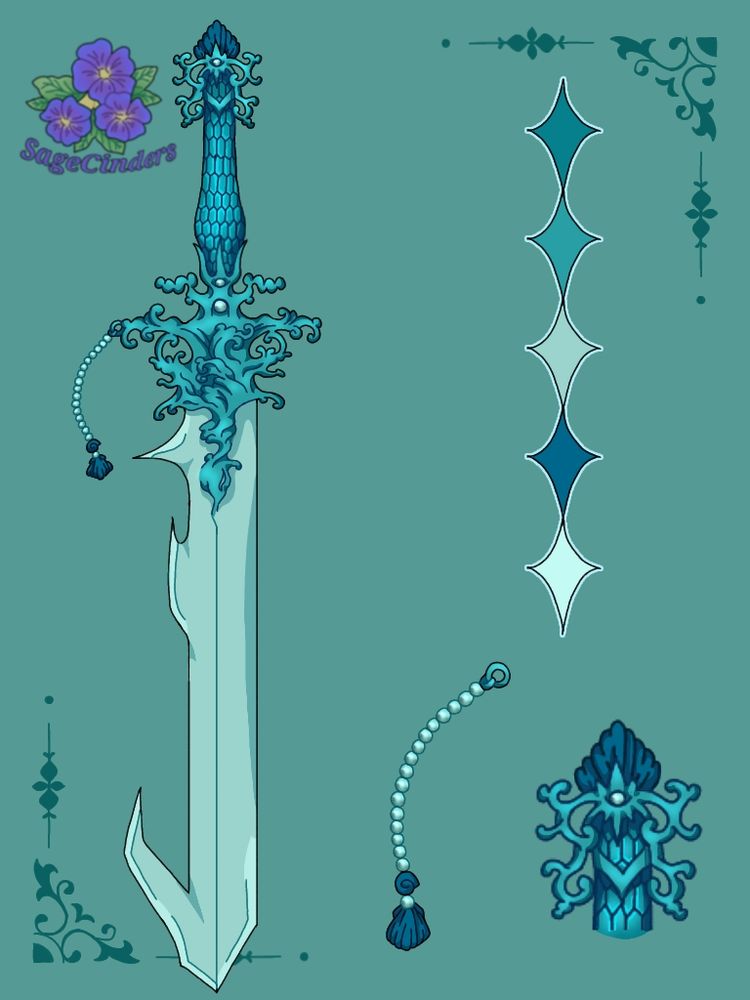 An ocean/merfolk inspired sword adopt. It has a teal/shades of blue color palette. The hilt is composed of a seashell and pearl with water inspired decorations as the pommel; scaled covered grip and a group of waves with harmonious movements as the guard. A string of pearls and shells hang to a side. The blade is pointy with hook like edges.