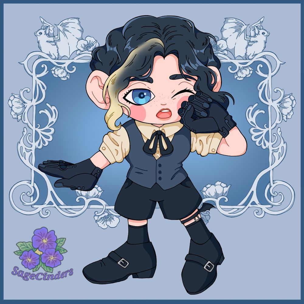 A cute toon doodle of a pretty oc (Simon). He's wearing a blue,black and yellowish color palette outfit. Shirt with a bow, vest, shorts and shoes. He looks rather sleepy and rubs his eye with a cyborg hand (both his hands are). 
A pretty art noveau-ish frame with poppy flowers and bats decorate the background. 