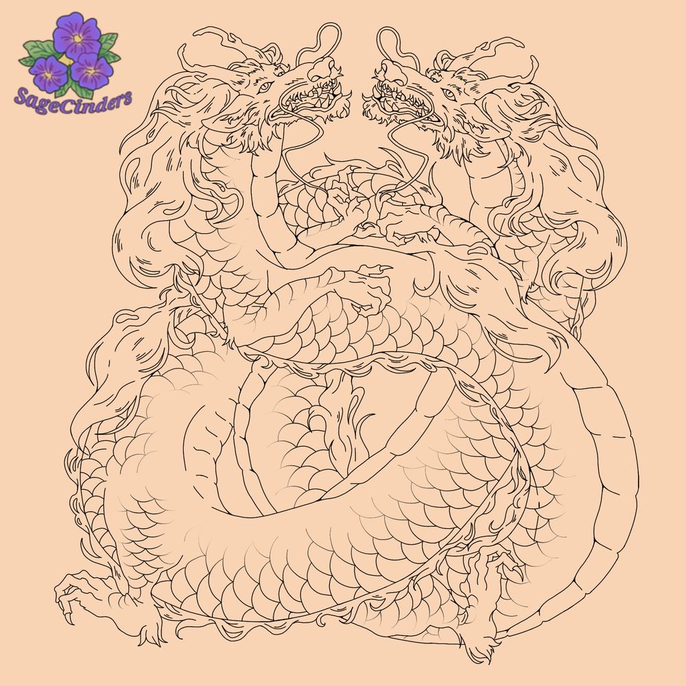 Two identical eastern-inspired dragons are interwined and facing each other. Their mouths are slightly open,showing a few teeth.