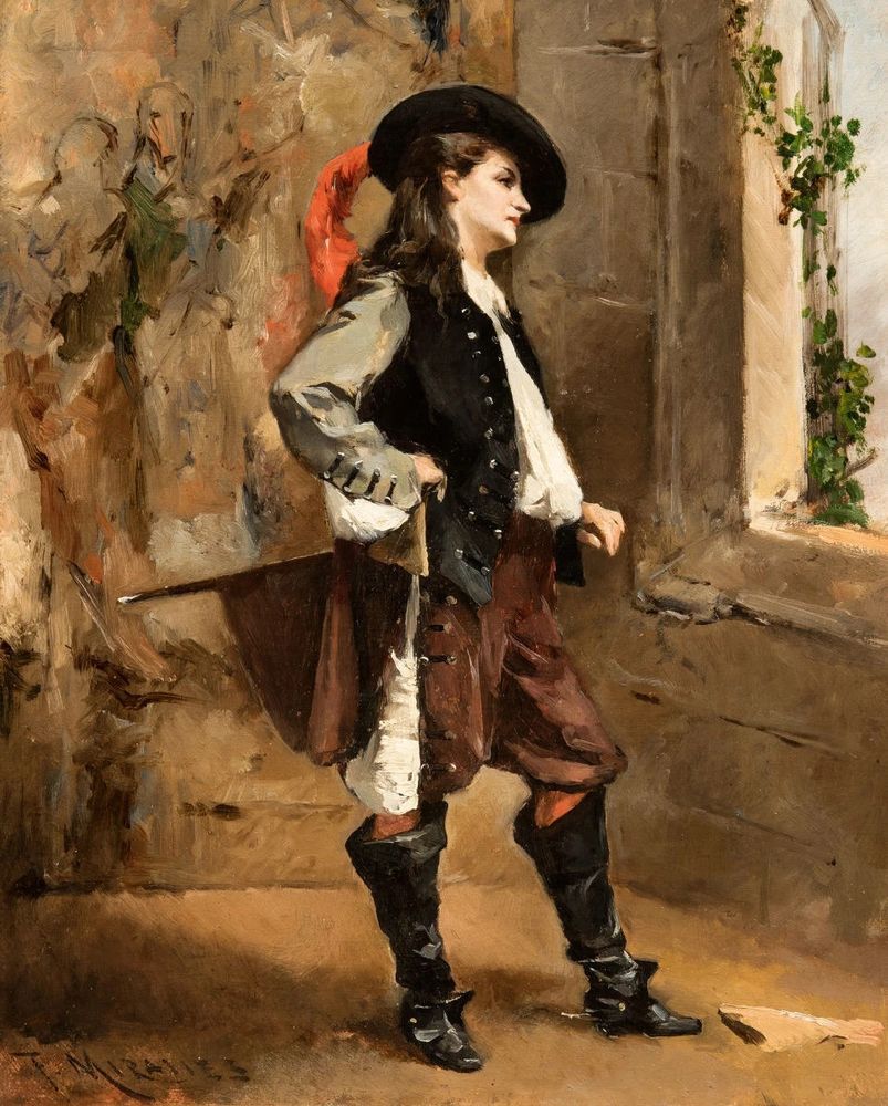 painting of an actress in a so-called "trouser" role wearing a theatric version of 17th century men's clothes including, importantly, tall boots and a hat with a feather