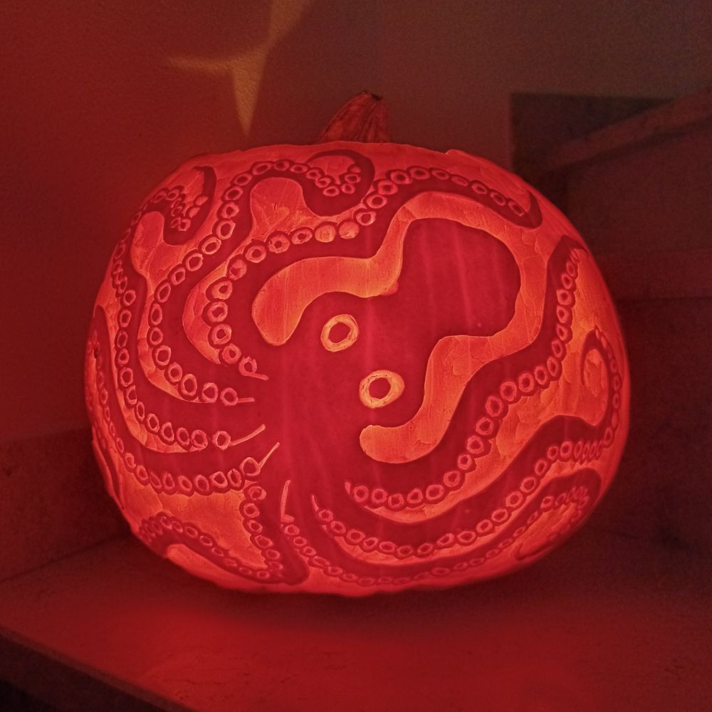 pumpkin lantern with a carving of an octopus