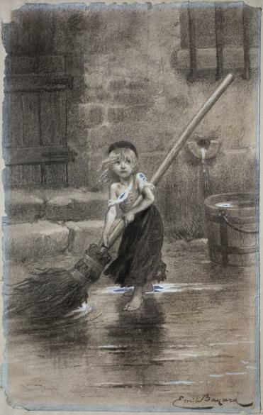 Cosette portant un grand balai, gravure d'Émile Bayard, 1879 