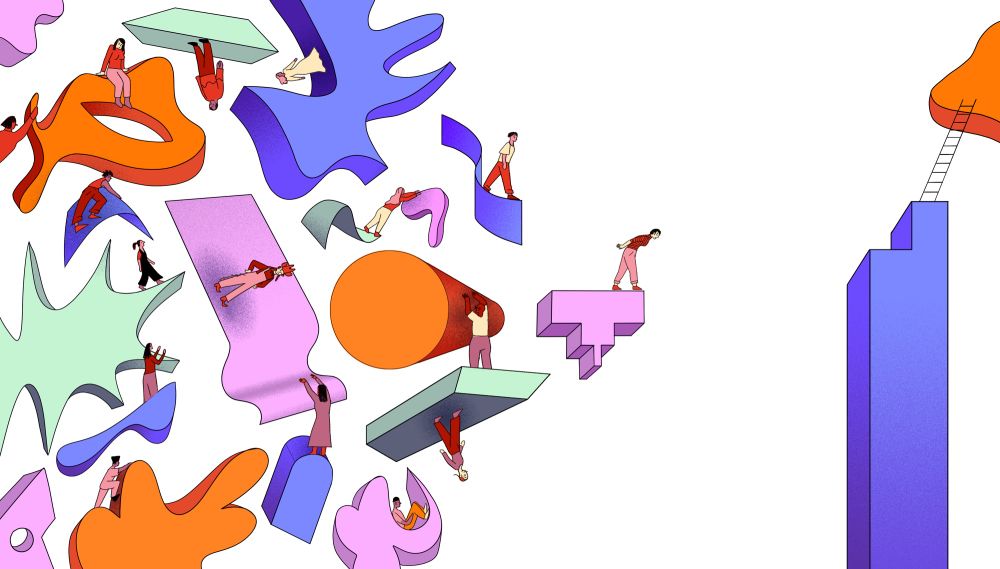 Illustration of small people standing on large, abstract floating blocks. There’s a gap between a main group of blocks on the left, where all the people are, and the right side of the image, which contains a ladder to exit the maze of blocks