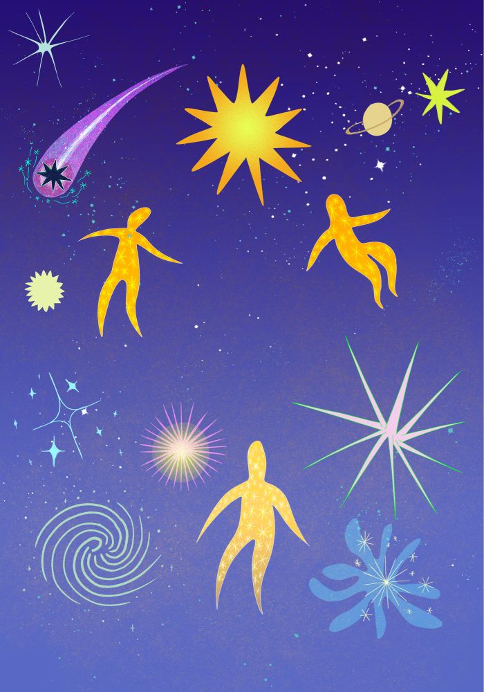 Illustration in a style inspired by Henri Matisse paper cut outs. a blue purple background and abstracted shapes of stars, planets, and galaxies, with three abstracted human figures and a sun shown in yellow in the center of the image