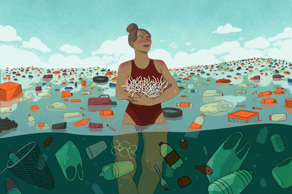 Illustration of a woman standing waist deep in an ocean littered with plastic waste. We can see underneath the water in the bottom half of the image. The woman is holding a bundle of plastic straws 