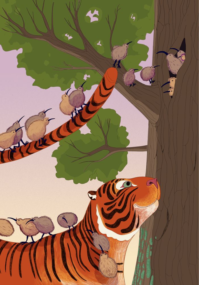 Illustration of a friendly looking tiger using its tail to help a bunch of flightless kiwi birds reach their nest in a tall treetop 