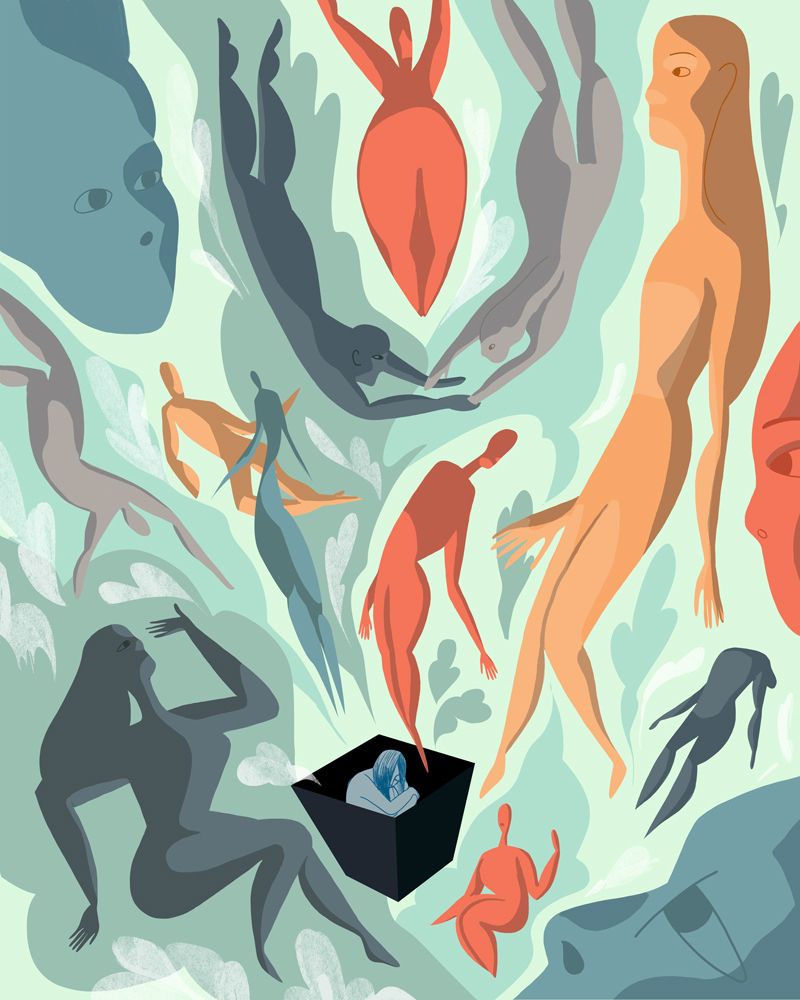 Illustration of large, simplified, colorful dancing figures. In the lower center of the image, a sad person sits hunched over in a black box.

“This moment felt dark and empty, like I was in a small box. As if I was sitting in a dark, cold, tiny box and looking at everyone else living in huge figures of different shapes and vivid colors.”