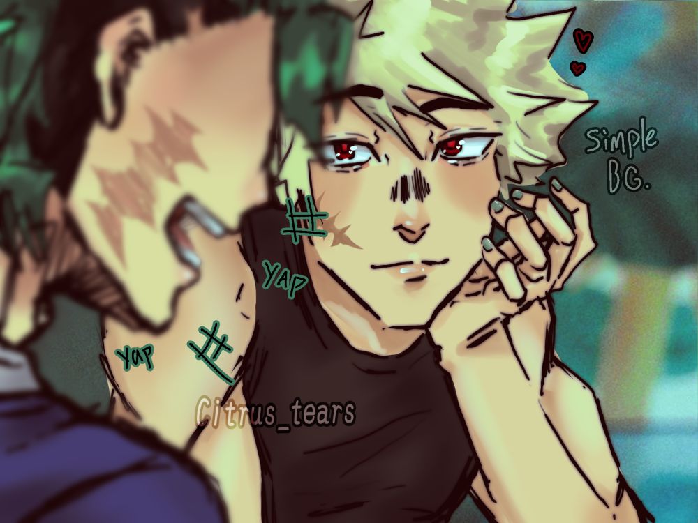 Bakugo looking at deku talk with his chin resting on his hand. 