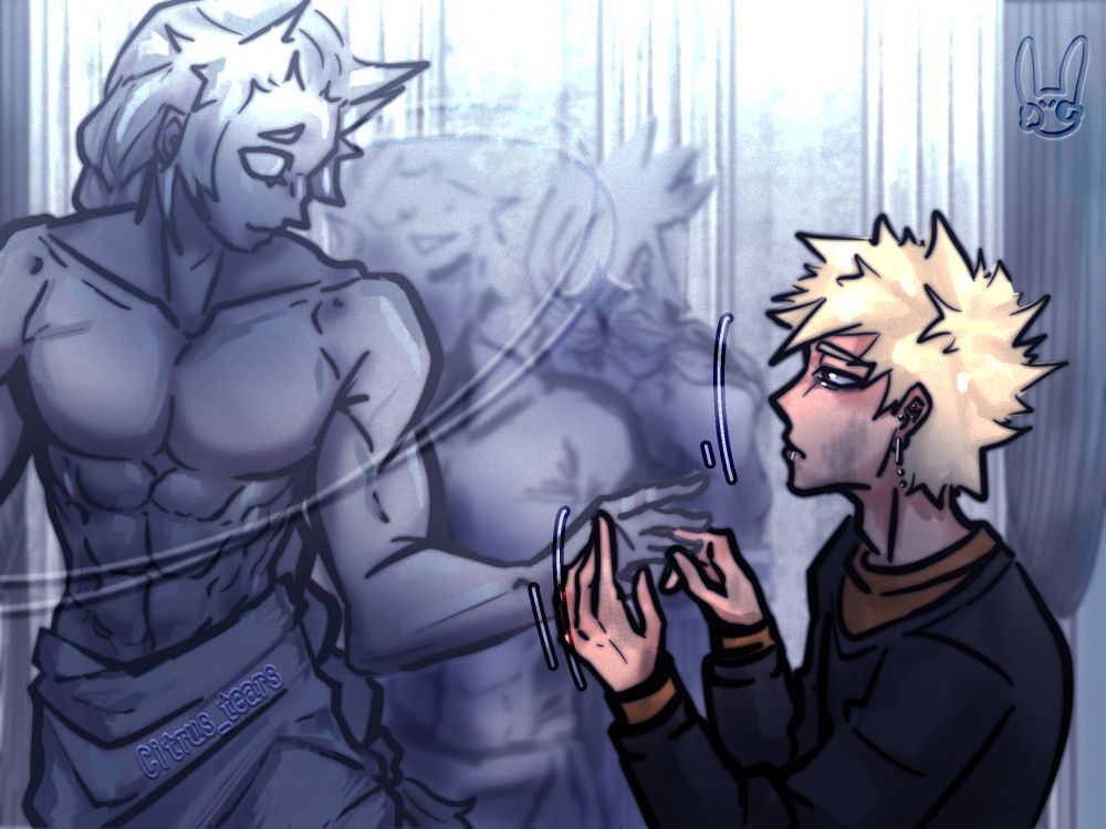 Bakugo touching the hand of a kirishima statue 