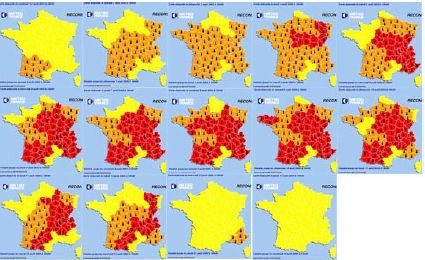 Carte provisoire de « vigilance » pour les vagues de chaleur. À titre d'exemple, il s'agit d'un ensemble de 15 simulations d'avis de prévision journalière pour la période d'août 2003, basées sur des critères (minimum/maximum/persistance) tels que ceux utilisés dans le Sud-Est de la France après la canicule de 1983.