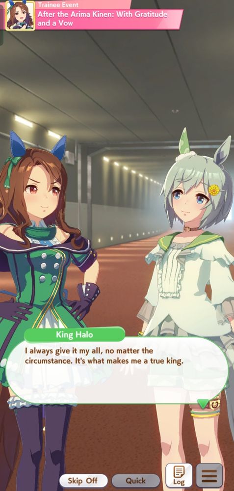 King Halo from Umamusume saying "I always give it my all, no matter the circumstance. It's what makes me a true king"