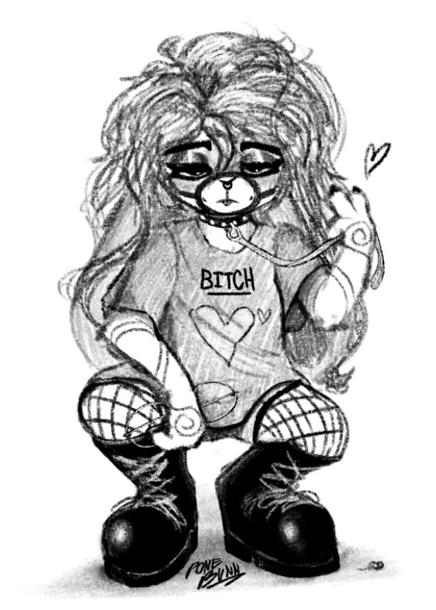 My fursona Beanie (a bunny), holding his glasses and is own leash while making a piece sign crouching looking at the viewer. He is wearing fishnets, big boots, and a shirt that says "Bitch" with hearts on it.  