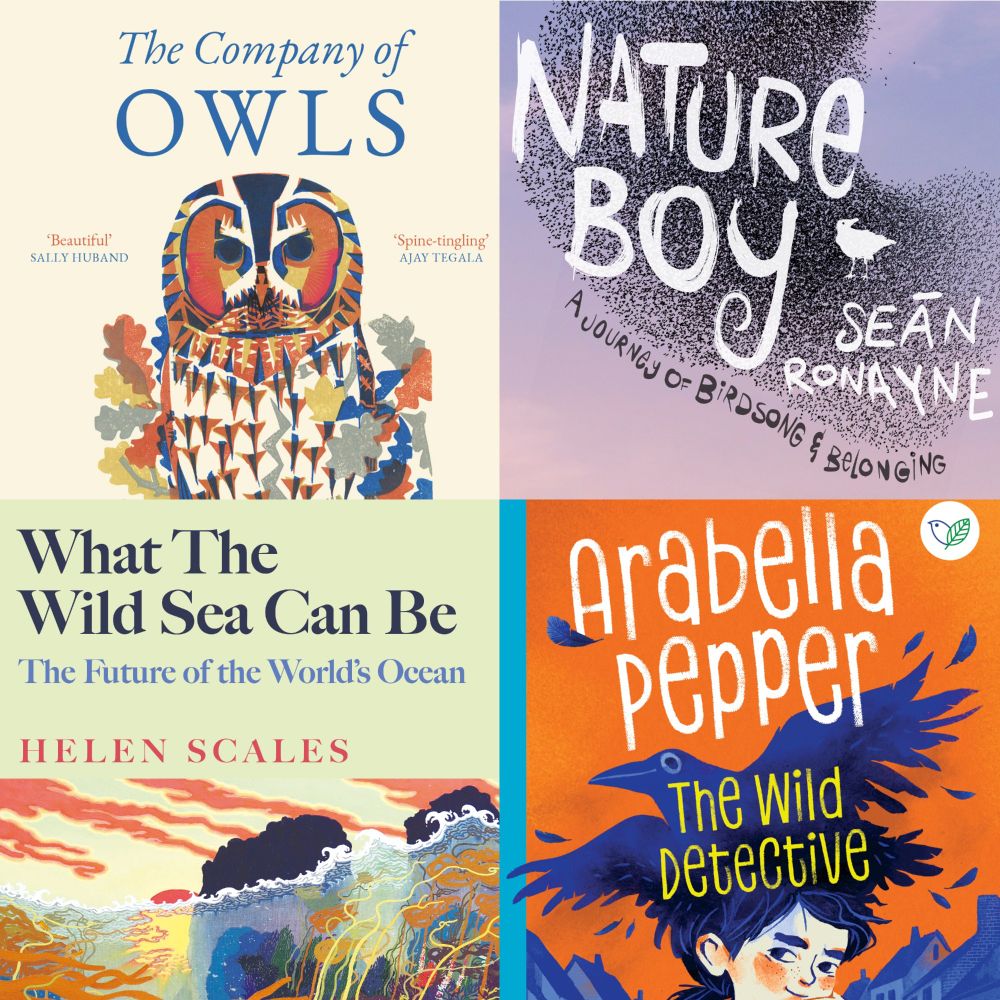 Collage of 4 books covers - Polly Atkin's book The Company of Owls, Seán Ronayne's book Nature Boy, Helen Scales' book What The Wild Sea Can Be and E.R. Murray's book Arabella Pepper
