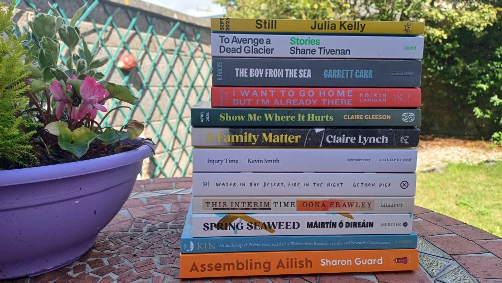Bundle of books on a table in a sunny garden. The books are:
Still, Julia Kelly.
To Avenge A Dead Glacier, Shandon Given an.
The Boy From The Sea, Garrett Carr.
I Want To Go Home But I'm Already There  Róisín Lanigan. 
Show Me Where It Hurts, Claire Gleeson. 
A Family Matter, Claire Lynch.
Injury Time, Kevin Smith.
Water In The Desert Fire In The Night, Gethan Dick.
This Interim Time, Oona Frawley. 
Spring Seaweed, Máirtín Ó Direáin.
Kin, An Anthology of Poetry Story and Art by Women from Romani Traveller and Nomadic Communities.
Assembling Ailish, Sharon Guard.