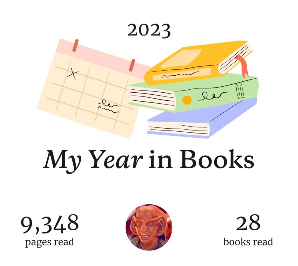 Qlanth's year in books for 2023. 9,348 pages read. 28 books read.