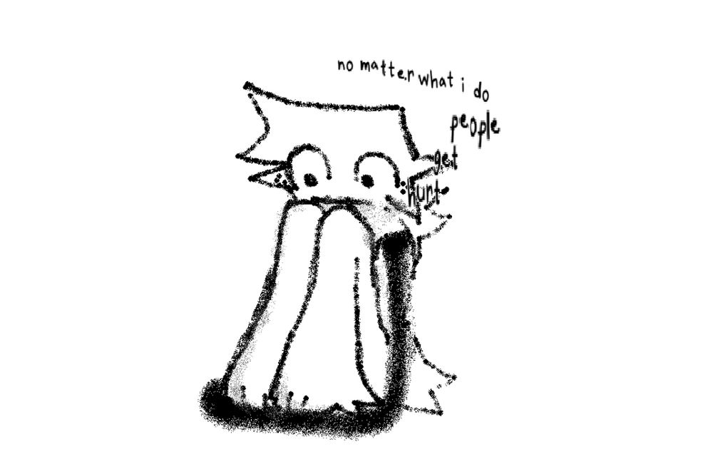 Goob sitting with his knees pulled up to his chest. The text "no matter what i do people get hurt" surrounds him