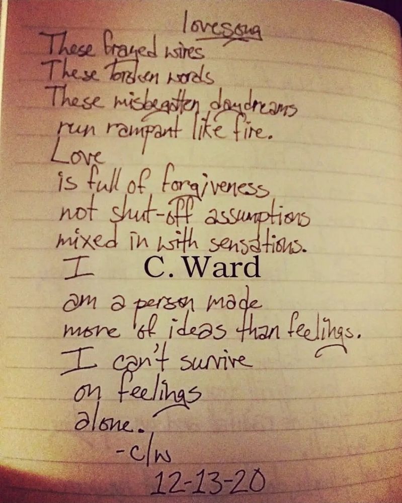 lovesong

These frayed wires
These broken words
These misbegotten daydreams 
run rampant like fire.
Love 
is full of forgiveness 
not shut-off assumptions 
mixed in with sensations.
I 
am a person made 
more of ideas than feelings.
I can't survive 
on feelings 
alone.
   -clw

C. Ward
.
.
.
.
.
#poem #poetry #lovepoem #existentialism
