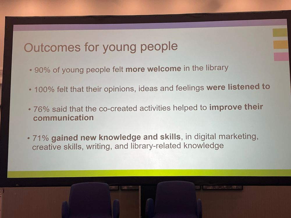 Outcomes for young people
• 90% of young people felt more welcome in the library
• 100% felt that their opinions, ideas and feelings were listened to
• 76% said that the co-created activities helped to improve their communication
• 71% gained new knowledge and skills, in digital marketing, creative skills, writing, and library-related knowledge