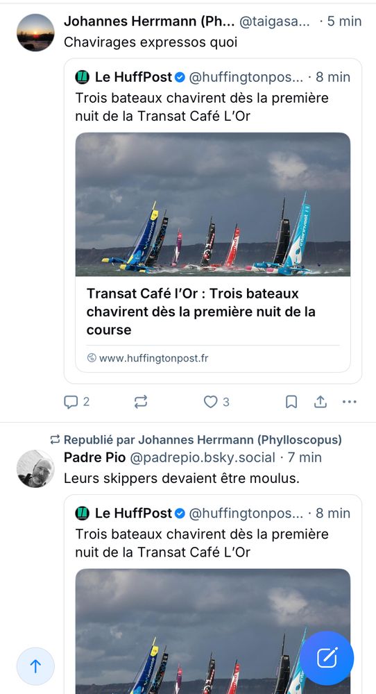 Article qui évoque 3 bateaux qui ont chaviré lors de la Transat Café L’or et commenté par »leurs skippers doivent être moulus » par Padre Pio et « chavirages expressos par Johannes Hermann. Bref au gnouf les deux. 