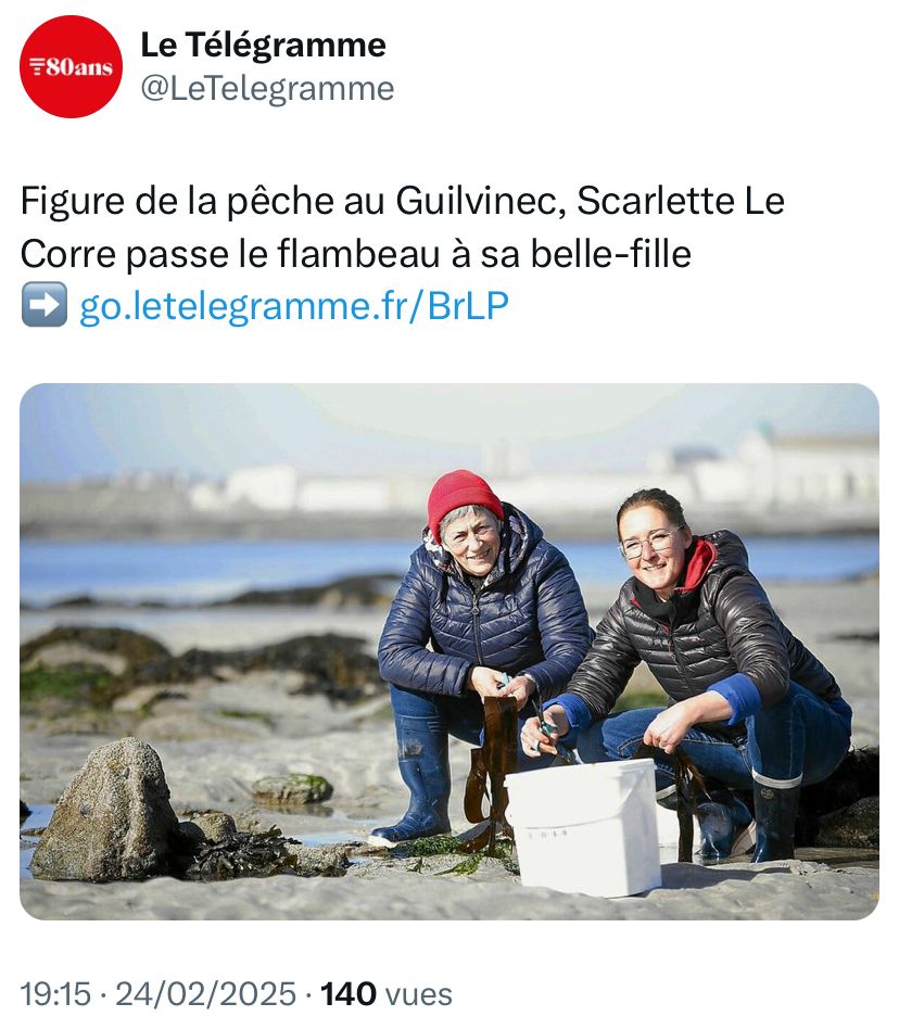 Post du Télégramme qui raconte que Scarlette Le Corre passe le flambeau à sa belle fille. 