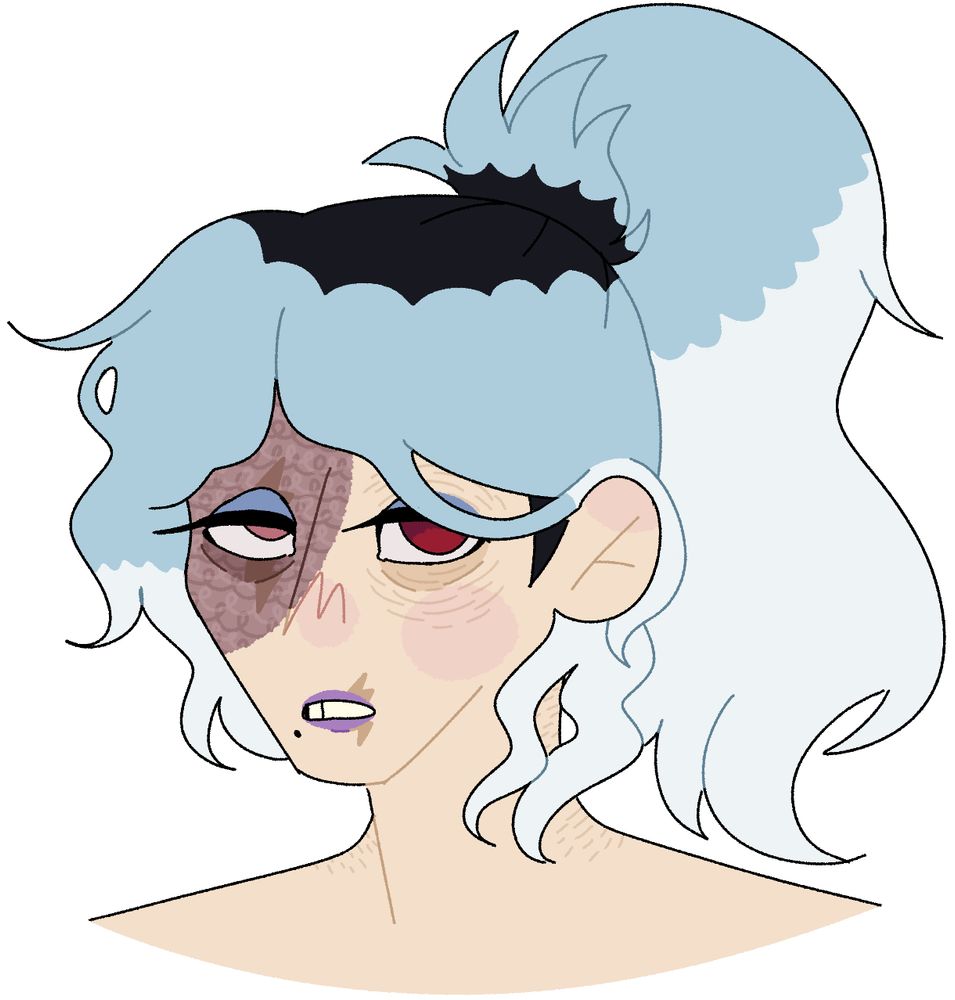 A bust doodle of my Post-War AU Shigaraki Tomura from My Hero Academia. He looks unimpressed, wearing eye shadow and lipstick. His hair is up in a ponytail.