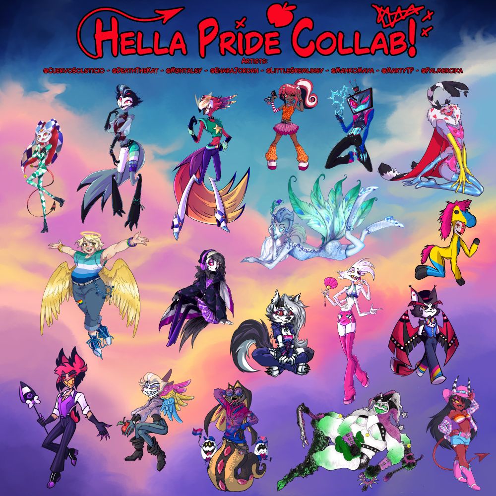 Recopilación de ilustraciones de algunos de los personajes de helluva boss y hazbin hotel con ropa con su banderas del orgullo. 
A continuación la relación de personajes y los artistas que los han hecho.
Val, Velvet, Abel, Sally May - @cuervosolsticio.bsky.social 
Andre, Fizz - @deaththekat.bsky.social 
Blitz - @m3ntalsy.bsky.social 
Mammon - @littlegremlinsy.bsky.social 
Al, Husk - @mahkomaya.bsky.social 
Via - @martytp.bsky.social 
Loona, Pentius, Luci @palmercika.bsky.social 
Vox, Stols, Vassago, Angel - Me!

The writer is the amazing @gilbird14.bsky.social ❤️
