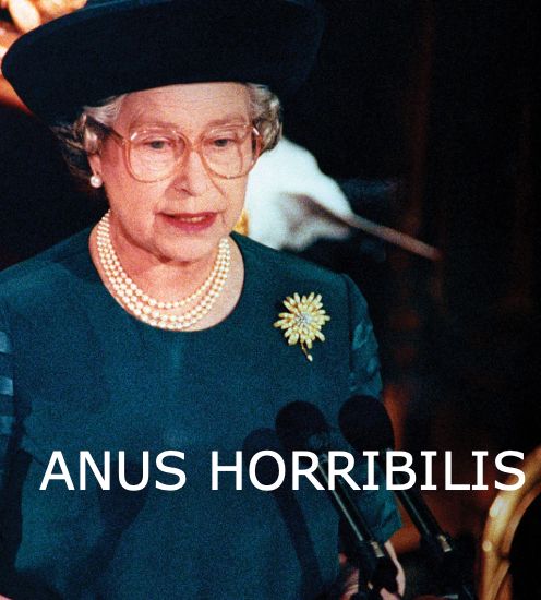Queen Elizabeth II giving her 'annus horribilis' speech, with the caption 'ANUS HORRIBILIS' 