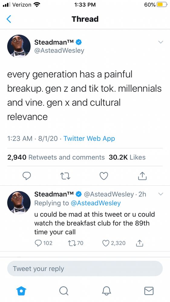 every generation has a painful breakup. Gen Z and tik tok. millennials and vine. gen x and cultural relevance 

u could be mad at this tweet or u could watch the breakfast club for the 89th time your call