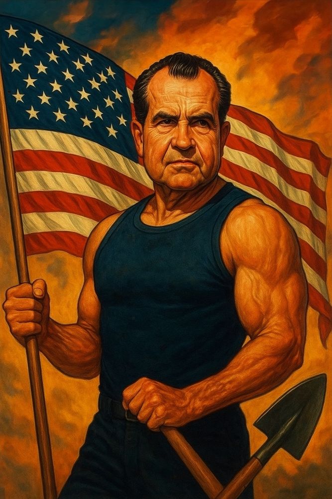 A ripped Richard Nixon in a blue tank top holding an American flag in one hand and a bent shovel in the other.