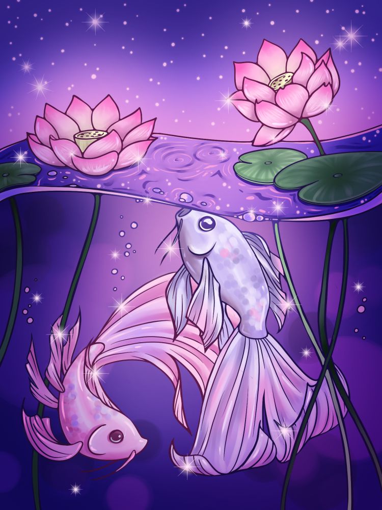 an image with two fish, one silver nad one pink in a pond with lily pads and pink lotus flowers on a sparkly background. The background is deep purple and pink 