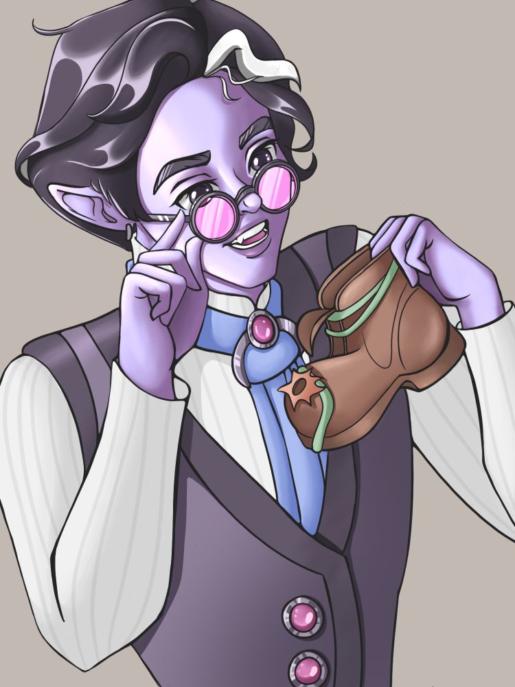 A drawn portrait of Jel from Palia. He has a dark vest with a white shirt underneath and is holding a boot, one of the in game items. He has longish short hair with a white streak in the front. He wears metal glasses with pink glass