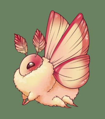 A fluffy little moth with a gold body and gold and red wings with fluffy gold and red antennae on a green background